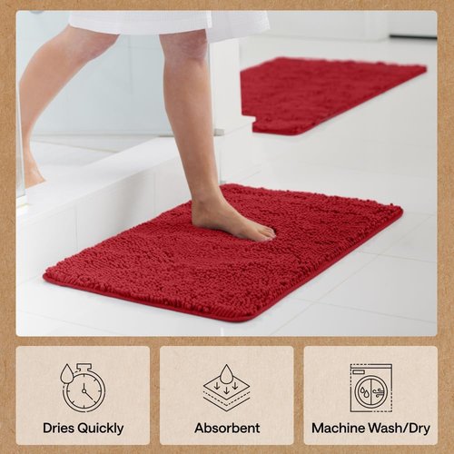 GORILLA GRIP Bath Rug Mat - Soft Absorbent Chenille | Quick Dry Microfiber, 30x20, Red
