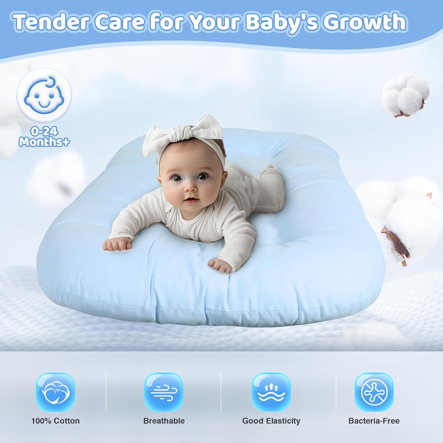 Skiennix 100% Cotton Baby Lounger - Washable Play Mat & Tummy Time Mat for 0-24 Months | Blue