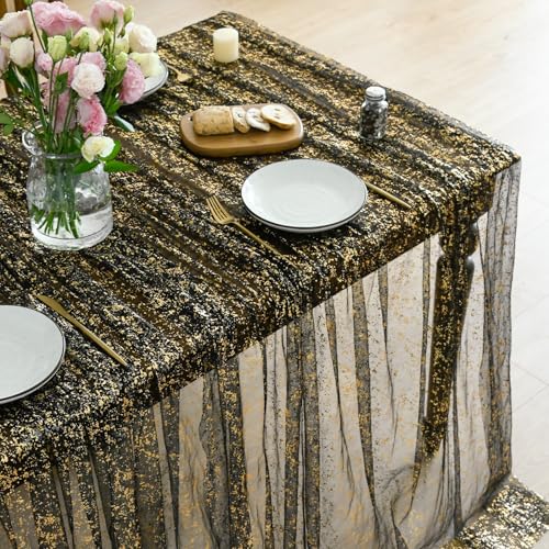 Horaldaily Black Gold Tablecloth 60x84 Inch for Weddings & Events