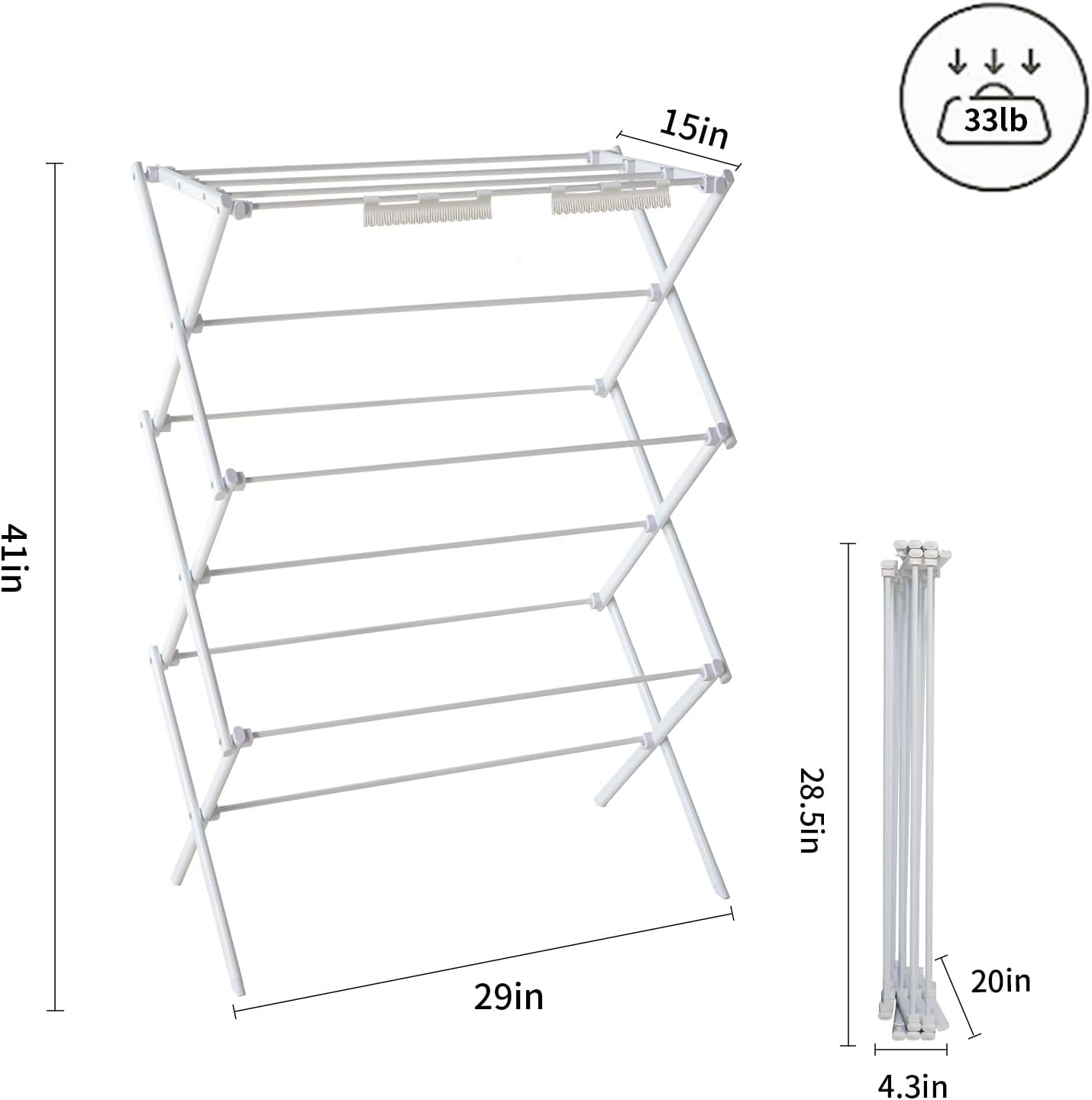Skiennix Foldable Clothes Drying Rack - Portable 3-Tier Vertical Laundry Rack for Indoor/Outdoor Use - White