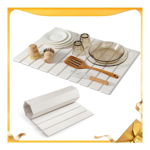 Large Stone Drying Mat for Kitchen Counter, 24×16 Inch Diatomaceous Earth Dish Drying Stone for Fast Absorbent, Collapsible Quick-Dry Draining Mat for Dishes Cookware Cups Any Countertop