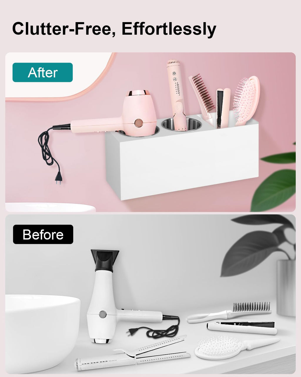 Bollmisde Hair Tool Organizer, Hair Dryer Holder with Heatproof Steel Cups, Acrylic Vanity Organizer for Curling Iron, Flat Iron & Hair Brushes, Perfect for Bathroom (White, Standard)