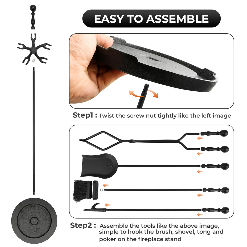 Nouetele Fireplace Tools Set 5-Piece - Heavy Duty Cast Iron Fire Place Tool Set with Stand, 31-Inch Stable Base, Includes Poker, Shovel, Brush & Tongs for Indoor Outdoor Wood Stove & Hearth, Black