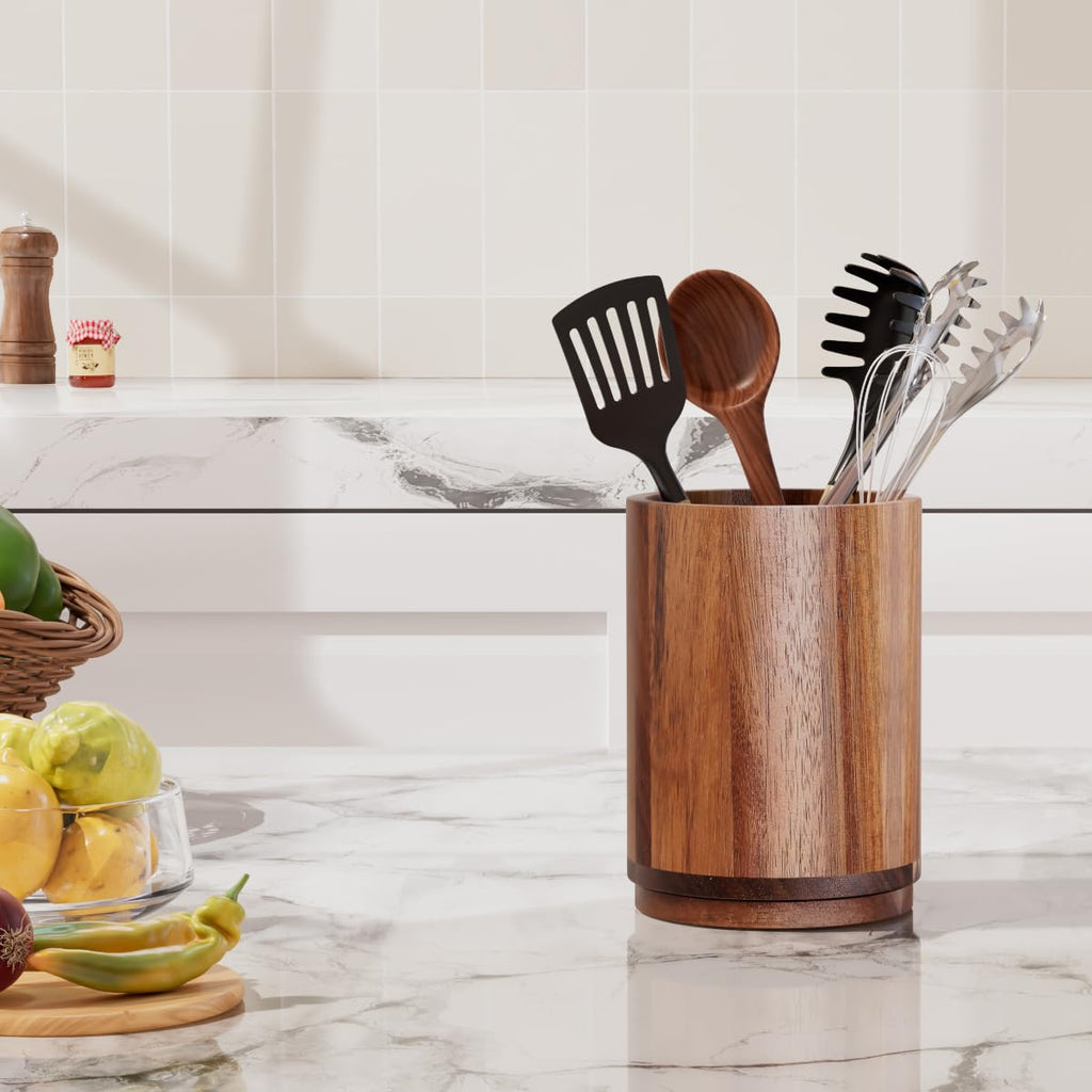 Segtenant Utensil Holder, Acacia Wood Kitchen Utensil Holder for Countertop, 360°Rotating Cooking Utensil Crock for Kitchen Counter, 7.2" Large Utensil Organizer for Spatula