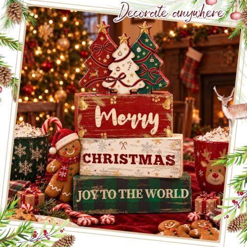 Christmas Wooden Tree Blocks Set - Rustic Indoor Holiday Decor, 4 Pcs, Tree Variation