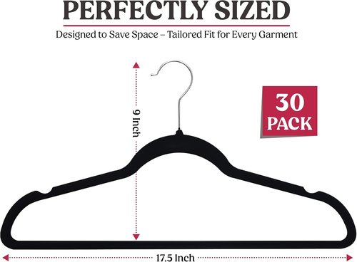LDC Black Velvet Hangers - Premium Non-Slip Felt Clothes Hangers | 30 Pack with 360° Swivel Hook - Black