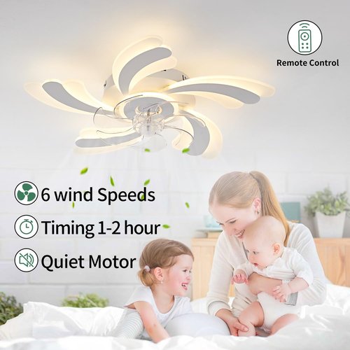 Yfrest Modern Ceiling Fan with Light and Remote, Low Profile 26 Inch Flush Mount Fandelier for Kitchen Bedroom