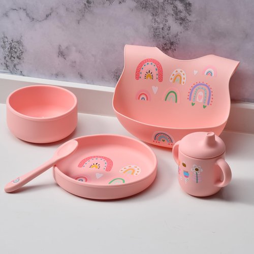Imagination Junction silicone baby feeding set, Baby Led Weaning Supplies，Cutlery Feeding Supplies, Baby Utensils Feeding Essentials for Starting Solids，5 Piece Set (pink)