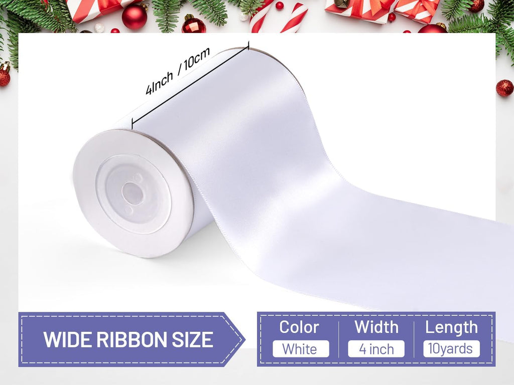 White Satin Ribbon - 4 Inch Double Face for Gift Wrapping & Wedding Decor | 10 Yards