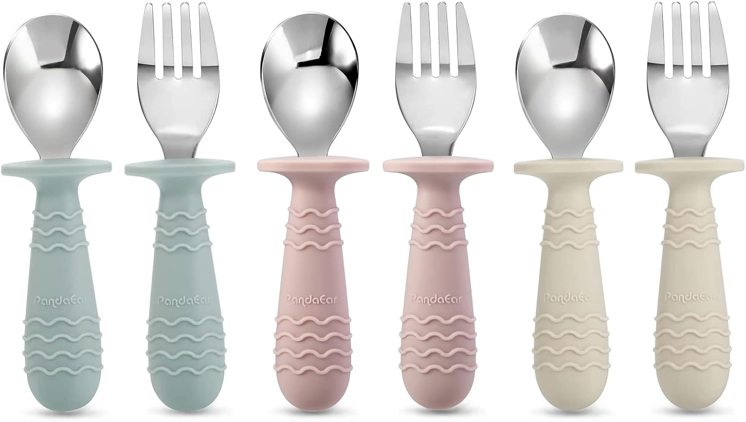 PandaEar Baby Toddler Utensils Set - 6-Piece BPA-Free Silicone & Stainless Steel Silverware | Blue, Pink, White