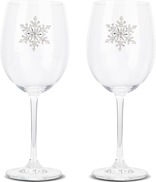 Bdor Christmas Wine Glasses - Jeweled Snowflake Goblets Set of 2 | 19 Oz Holiday Drinkware
