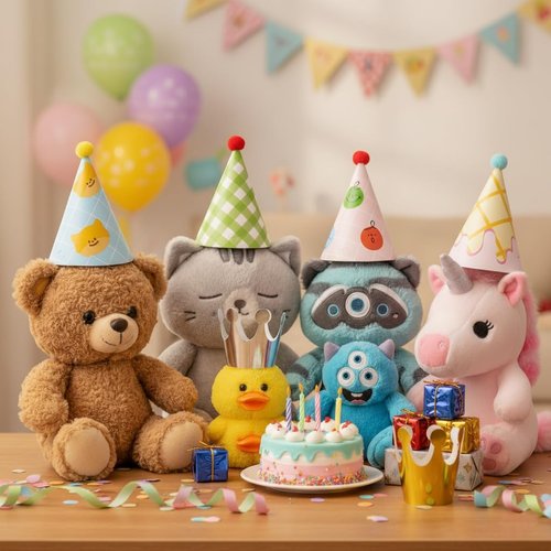 Inxens Mini Party Hats for Kids, 11 Piece Birthday Cone Hats for Stuffed Animals and Pets, 9 Paper Cones and 2 Crowns, DIY Assembly with Pom Poms, Cute Cherry Smiley Design