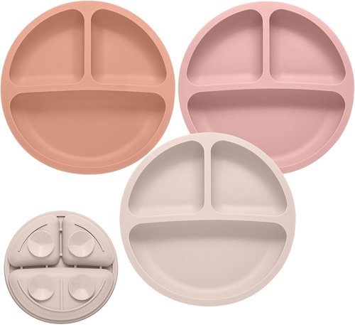 Eascrozn Toddler Plates - 3 Pack Divided Suction Plates | Food Grade Silicone, BPA Free, Non-Slip