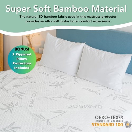 Bamboo Rayon Mattress Protector - 100% Waterproof Cooling Queen Size Cover + 2 Pillow Protectors | Ultra Soft & Breathable