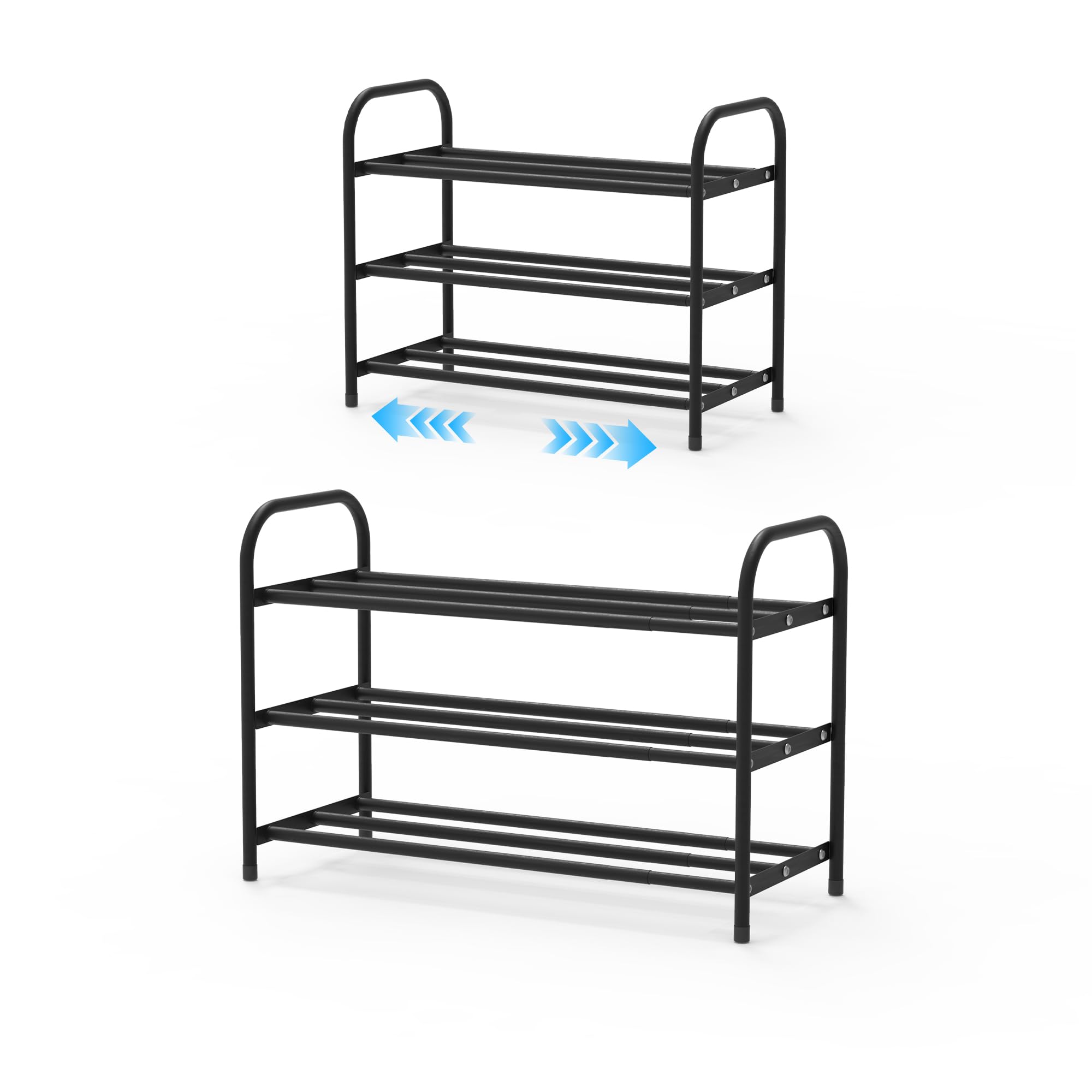 Flurose 3-Tier Expandable Shoe Rack, Adjustable Width Shoe Organizer for Closet & Entryway, Extendable Metal Shoe Rack for Inside Closet, Space-Saving Shoe Storage Shelf Stand – Black