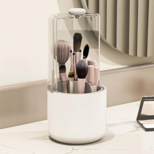 Zufudo Makeup Brush Holder with Dustproof Cover, Clear 360 Rotating Make Up Brushes Organizer for Counter Vanity Bathroom, White