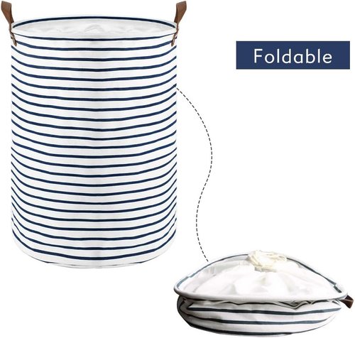 DOKEHOM 18-Inch Freestanding Laundry Basket - Collapsible Drawstring Hamper with Lid & Leather Handle | Blue Stripe