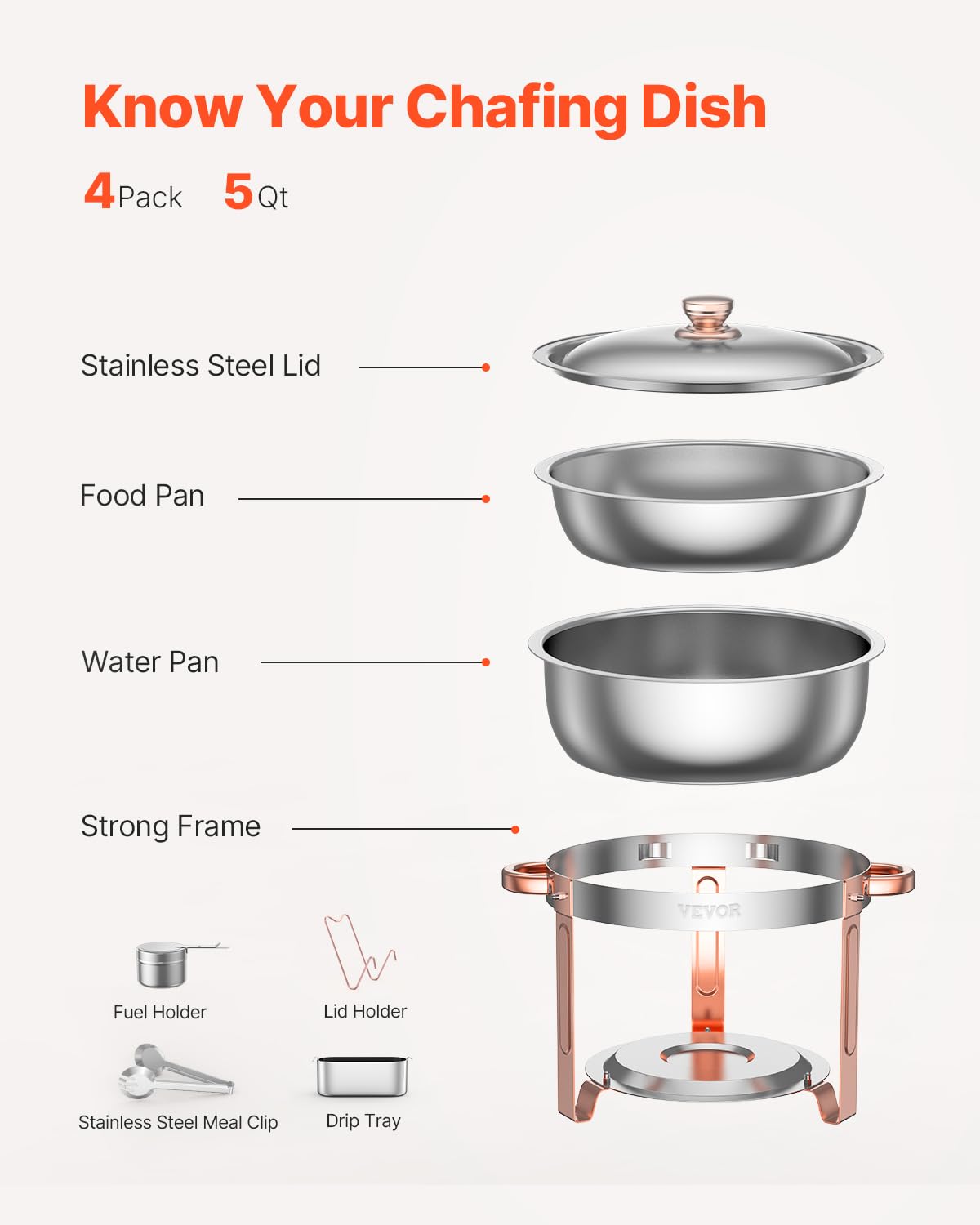 VEVOR Chafing Dish Buffet Set, 5 Qt 4 Pack, Stainless Steel Chafer with 4 Full Size Pans, Round Catering Warmer Server with Lid Water Pan Folding Stand Clip, for Weddings Parties Banquets, Rose Gold