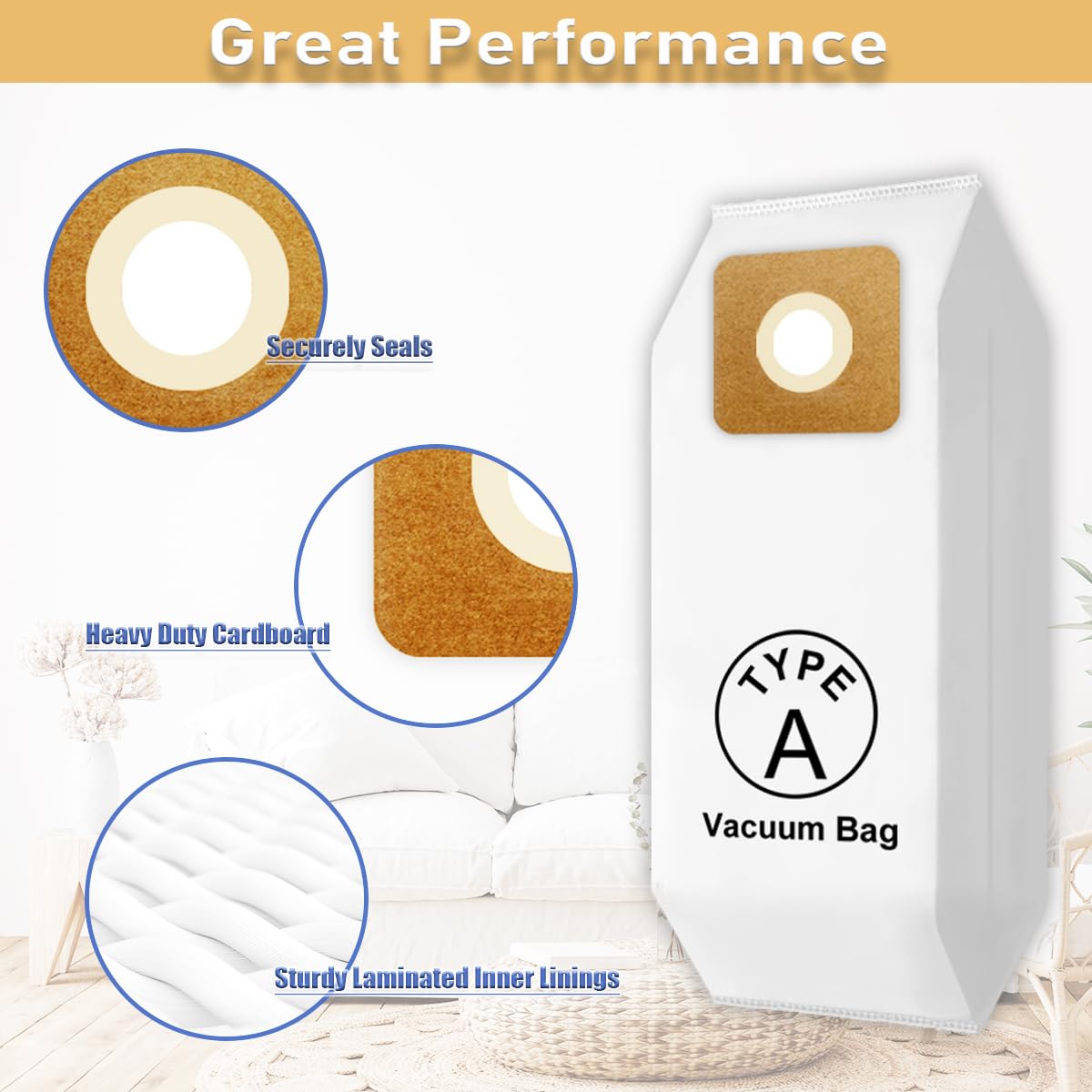 Type A Vacuum Bags for Riccar; HEPA Bags for Simplicity Type A, S20EZM, 5000, 6000 Series, S20E, S20SC, SAH-6 Uprights; Part # SAH-6, RAH-6, 6 Pack