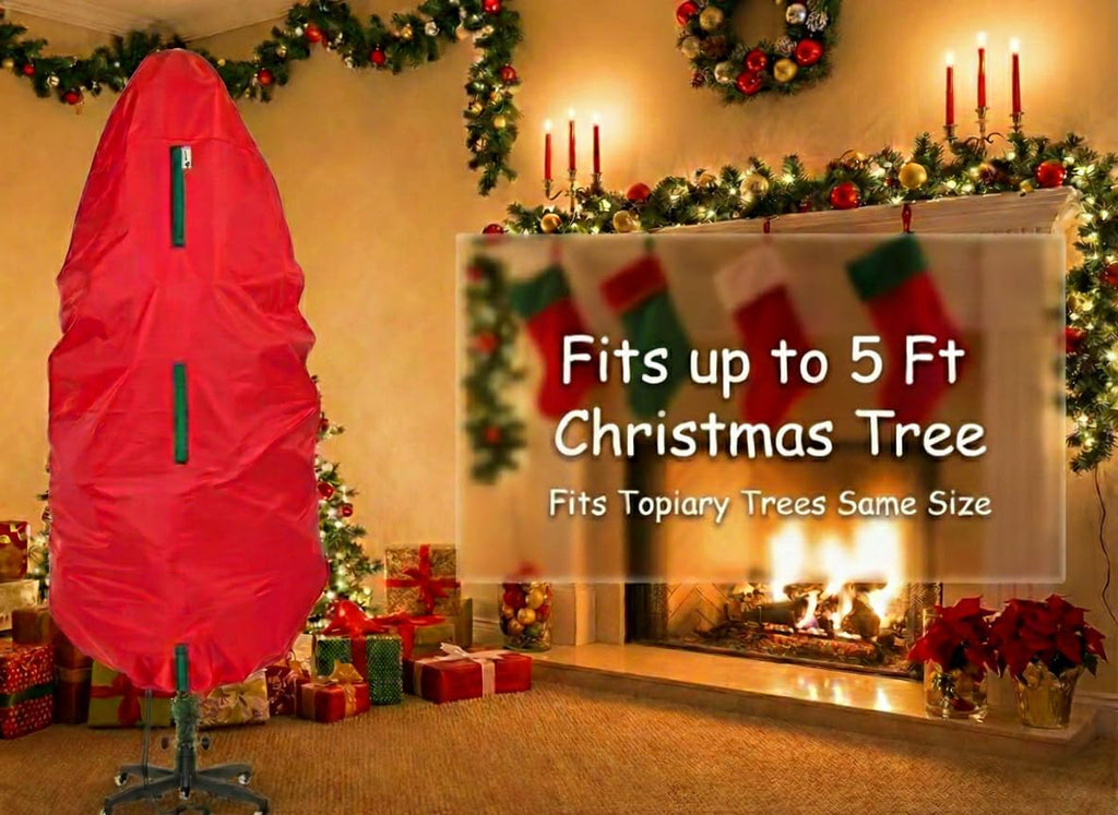 Upright Christmas Tree Storage Bag - Durable Dustproof Cover for 5 Ft Artificial Trees | Easy-Use Red Holiday Storage