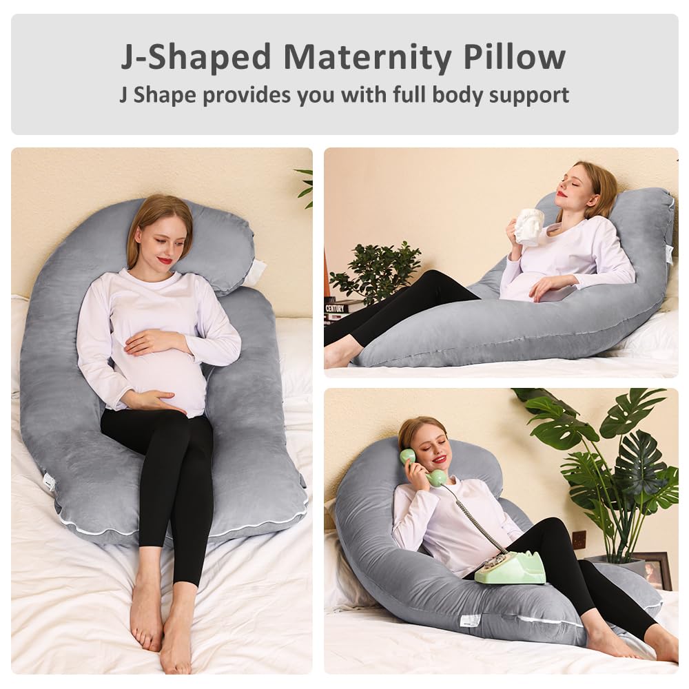Chilling Home Memory Foam Pregnancy Pillow, J Shape Pregnancy Pillows for Sleeping, Body Pillow for Adults, Maternity Pillow for Pregnant Women, with Velvet Removable Cover, Light Grey