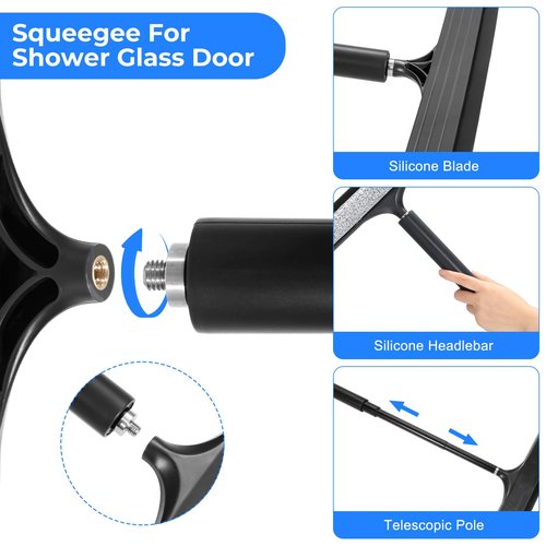 wlich Shower Squeegee with Long Handle, Telescoping Window and Floor Extendable Squeegee for Shower Glass, Bathroom Surfaces, Mirrors, and Smooth Floors, Includes Replaceable and Washable Cloth Pads