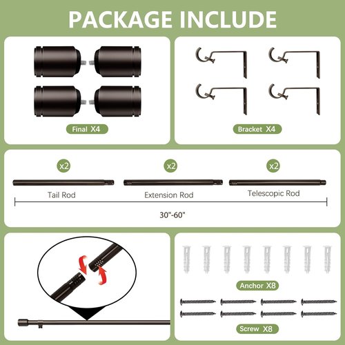 Adjustable Bronze Curtain Rods by [Brand Name] - 30-60 Inch for 30-54 Inch Windows | 2 Pack with Brackets