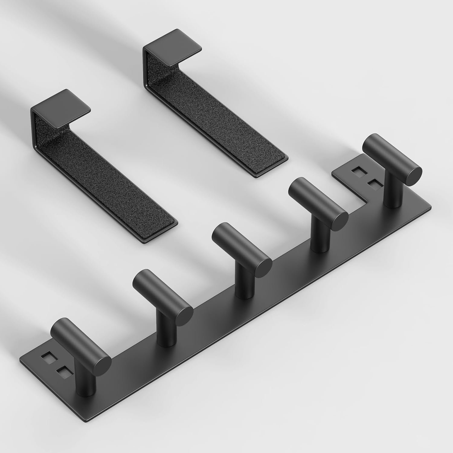 PMMASTO Over The Door Hooks - Coat Rack Organizer & Towel Holder for Bathroom | Black 5 T-Hooks, Fits 1-3/4" Thick Door