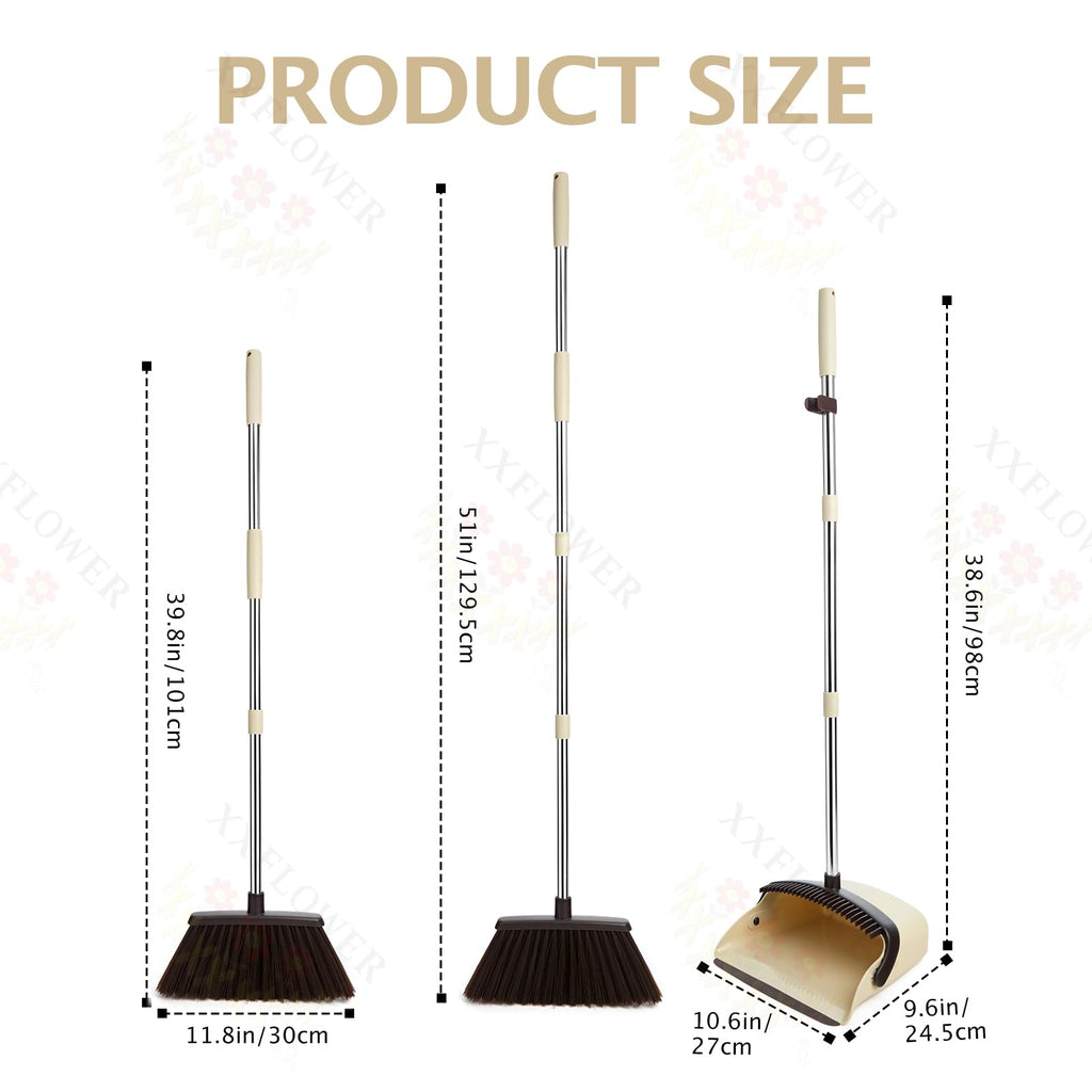 XXFLOWER Broom and Dustpan Set with Long Handle, Heavy Dust Broom and Dustpan Combo for Home，Kitchen, Office, Pet Hair(Beige)