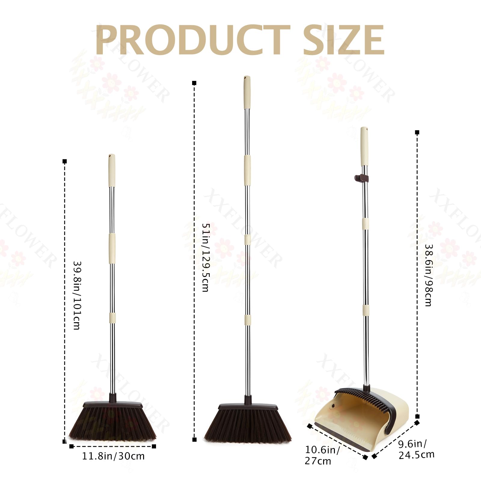 XXFLOWER Broom and Dustpan Set with Long Handle, Heavy Dust Broom and Dustpan Combo for Home，Kitchen, Office, Pet Hair(Beige)