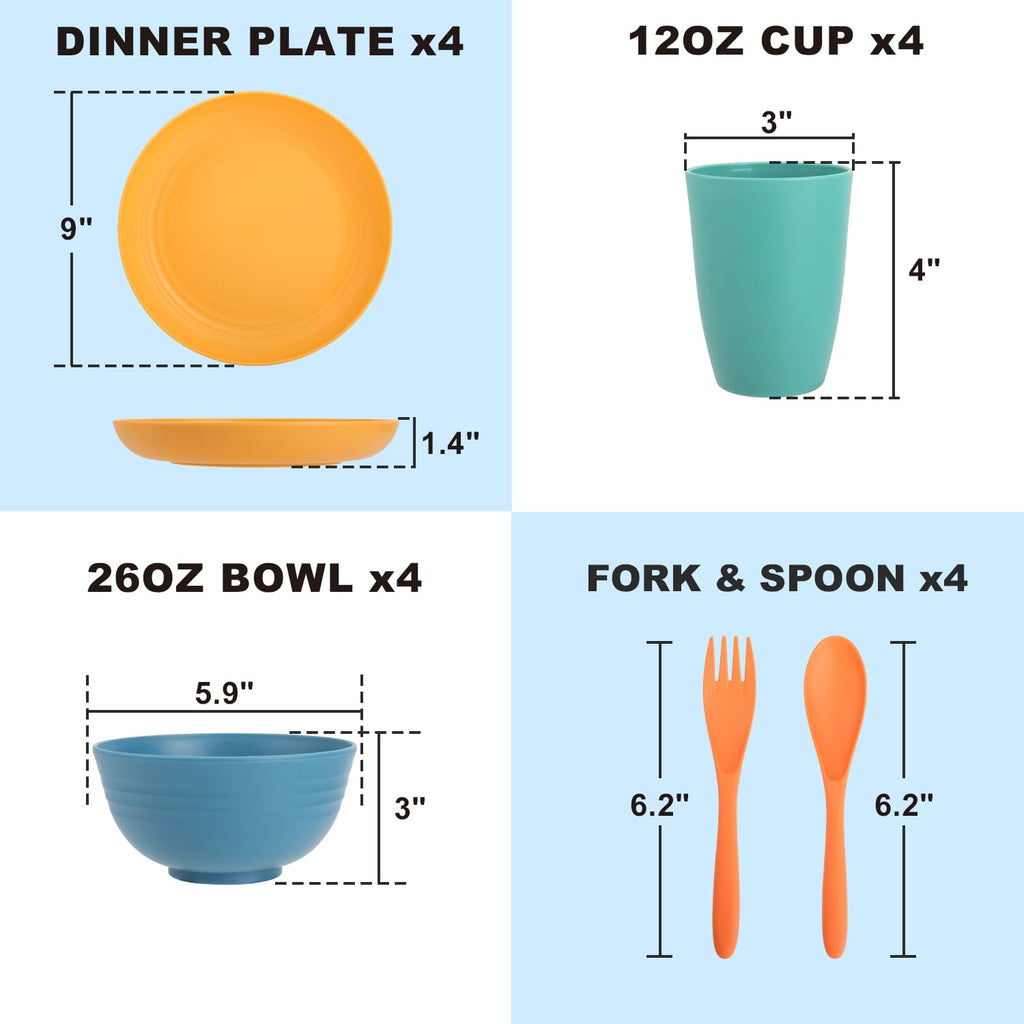 Perlapoc Wheat Straw Dinnerware Sets, 20 PCS Service for 4, Dishwasher & Microwave Safe Kids Plates and Bowls Sets, Unbreakable Lightweight Outdoor Camping Dishes - Multicolor