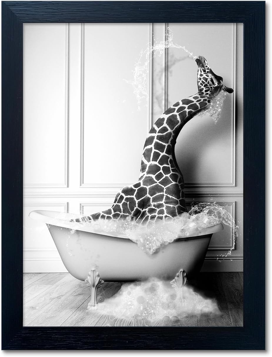 Skiennix Giraffe in Bathtub Canvas Print - Funny Black and White Bathroom Wall Art | Framed Farmhouse Decor