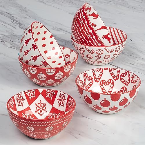 Peppermint Candy 13oz Porcelain Bowls, Set of 6 ? Festive Red & White Christmas All Purpose Snack, Dessert & Cereal Bowls with Cheerful Holiday Prints