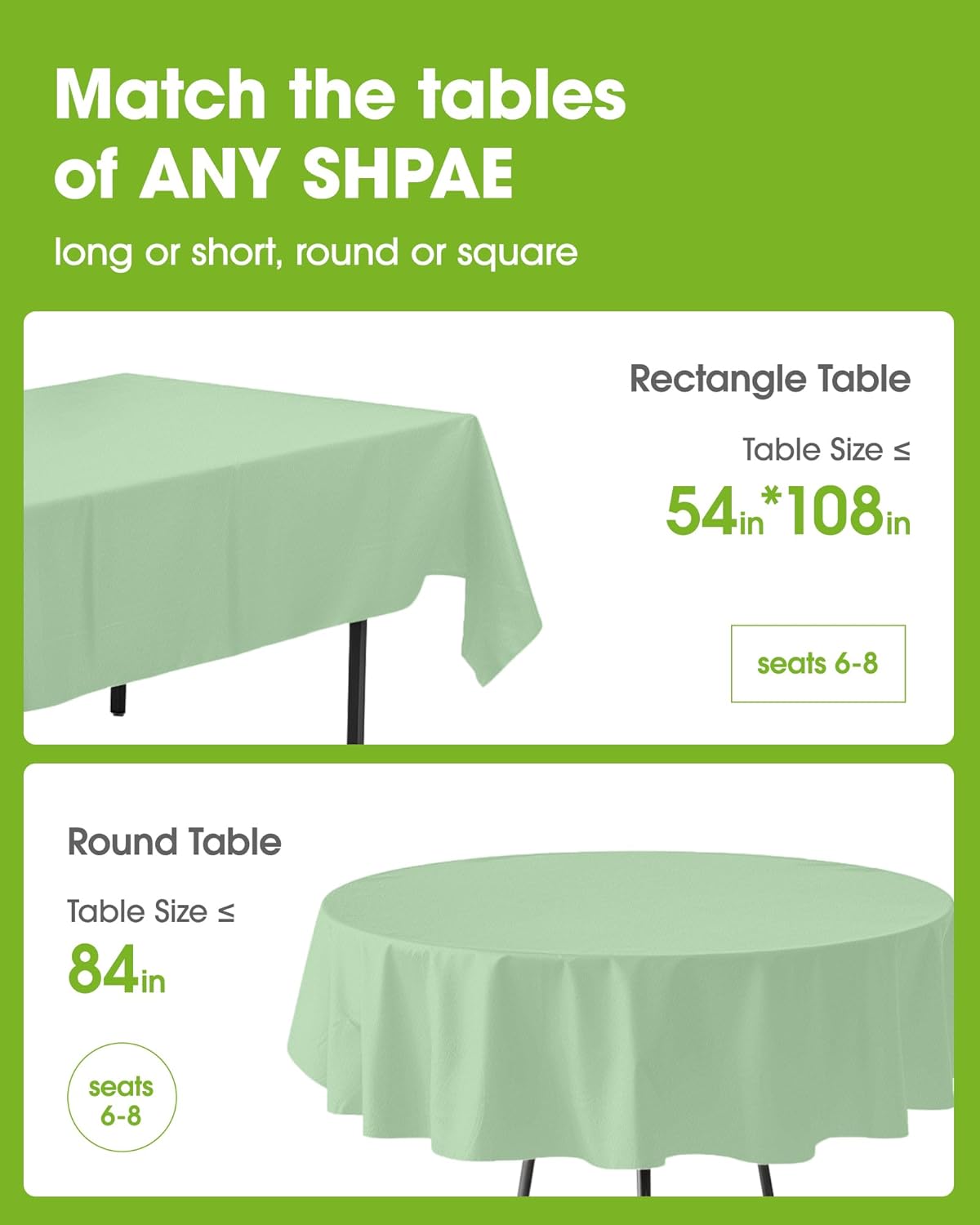 Pureegg Disposable Table Cloths - 54 x 108 Inch, Leakproof & Sturdy, 8 Pack, Sage Green for Easter Parties