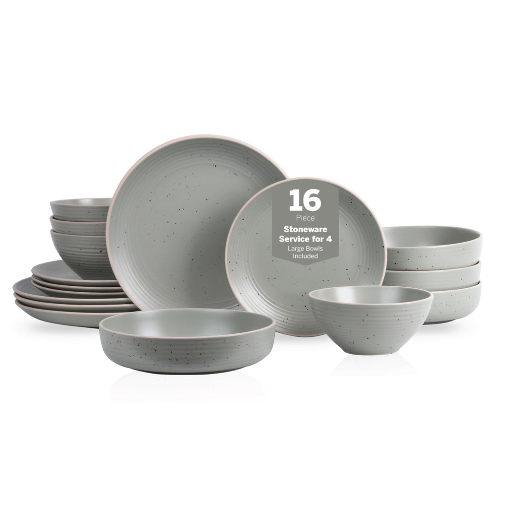 Stone Lain Lauren Stoneware, Rustic Plates and Bowls Set, Dinnerware, Service for 4, Speckled Green, Dishwasher & Microwave Safe, 16-Piece