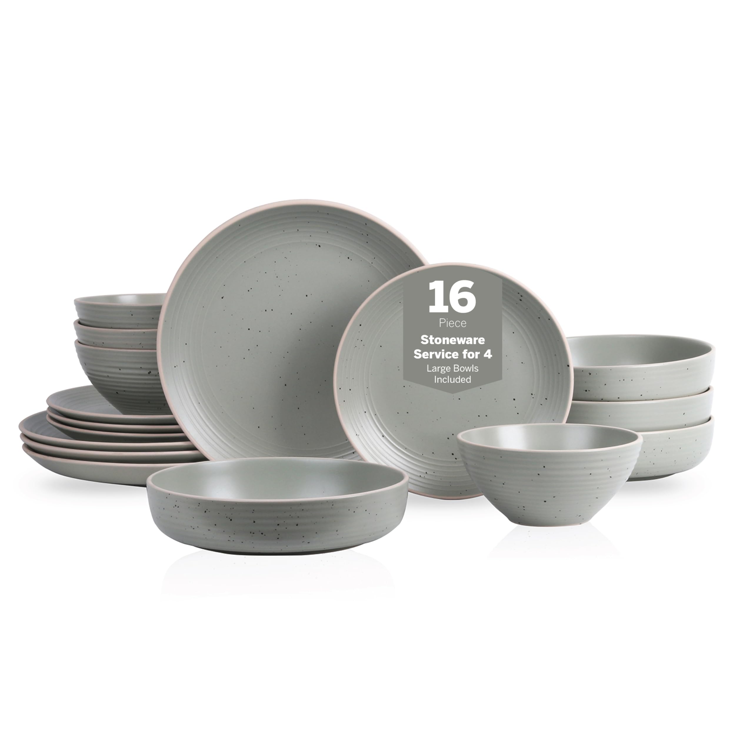Stone Lain Lauren Stoneware, Rustic Plates and Bowls Set, Dinnerware, Service for 4, Speckled Green, Dishwasher & Microwave Safe, 16-Piece