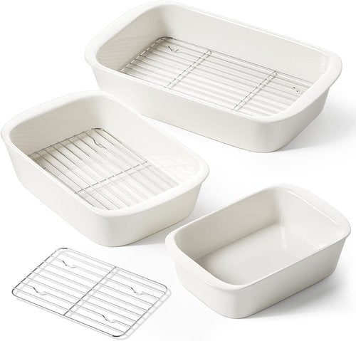 LE TAUCI Deep Casserole Dishes - Large Ceramic Baking Dish Set with Roasting Racks | 3-Piece White Bakeware (4.6QT/3.0QT/1.6QT)