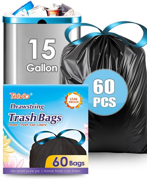 Teivio 15 Gallon 60 Counts Strong Tall Kitchen Drawstring Trash Bags, Medium Plastic Garbage Bags for Home Kitchen Garden Office Tall Trash Can, Black Waste Bin Liners