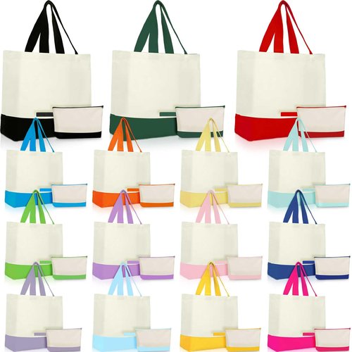 Sanwuta 30 Pcs Canvas Tote Bags Bulk with Zipper Cosmetic Pouch 18.5" Reusable Cotton Shopping Bag with Handle for DIY Craft (Colorful)