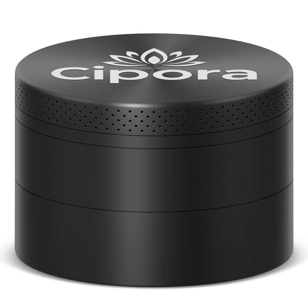 Cipora 2.5" Manual 3-Piece Zinc Grinder with Large Bottom Chamber (Black)