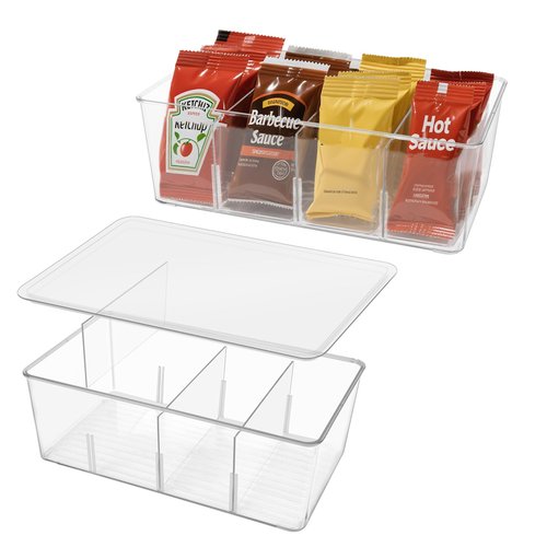 2 Pack Sauce Packet Organizer, Storage Box for Ketchup Packets, Hot Sauce Packets, and Condiment Packets, Made of Clear Plastic, Suitable for Kitchen Storage, Refrigerator Storage, One Lid Included