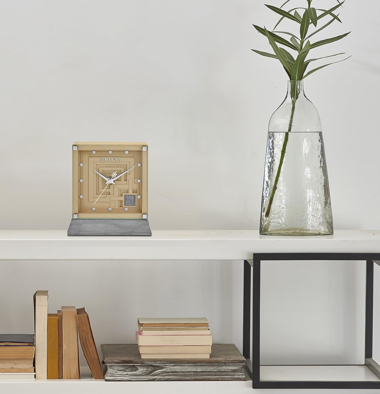 Bulova Ennis Table Clock B7755 | 7″ Frank Lloyd Wright Mayan Revival Resin Case with Washed Ash Base | Silent Sweep Quartz Movement | Battery Operated | Architectural Accent Piece