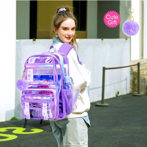 UFNDC 3PCS Clear School Backpack, Girls Star Purple Transparent Bookbag Heavy Duty, See Through PVC Bag