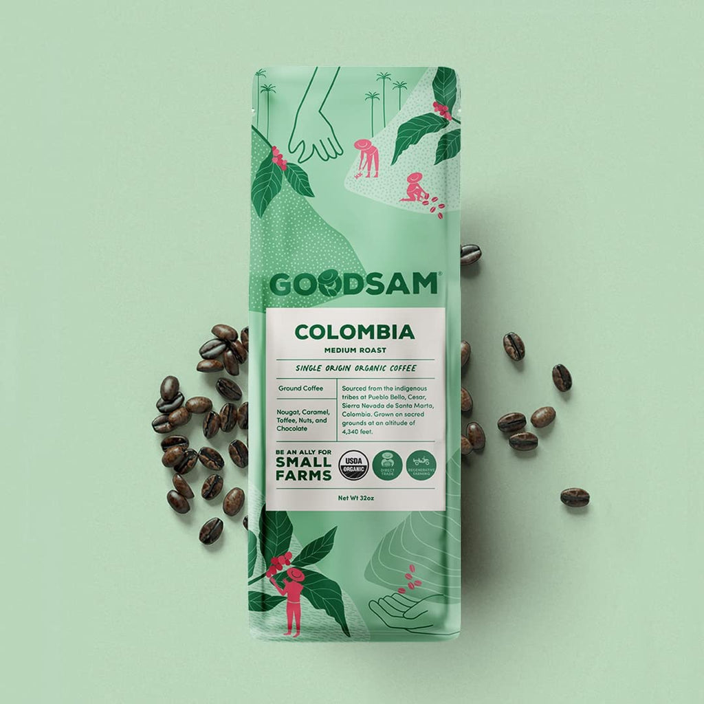 GoodSAM Colombian Medium Roast Organic Ground Coffee — Smooth & Balanced Flavor — Single-Origin Arabica Coffee — 32 oz Bulk Bag