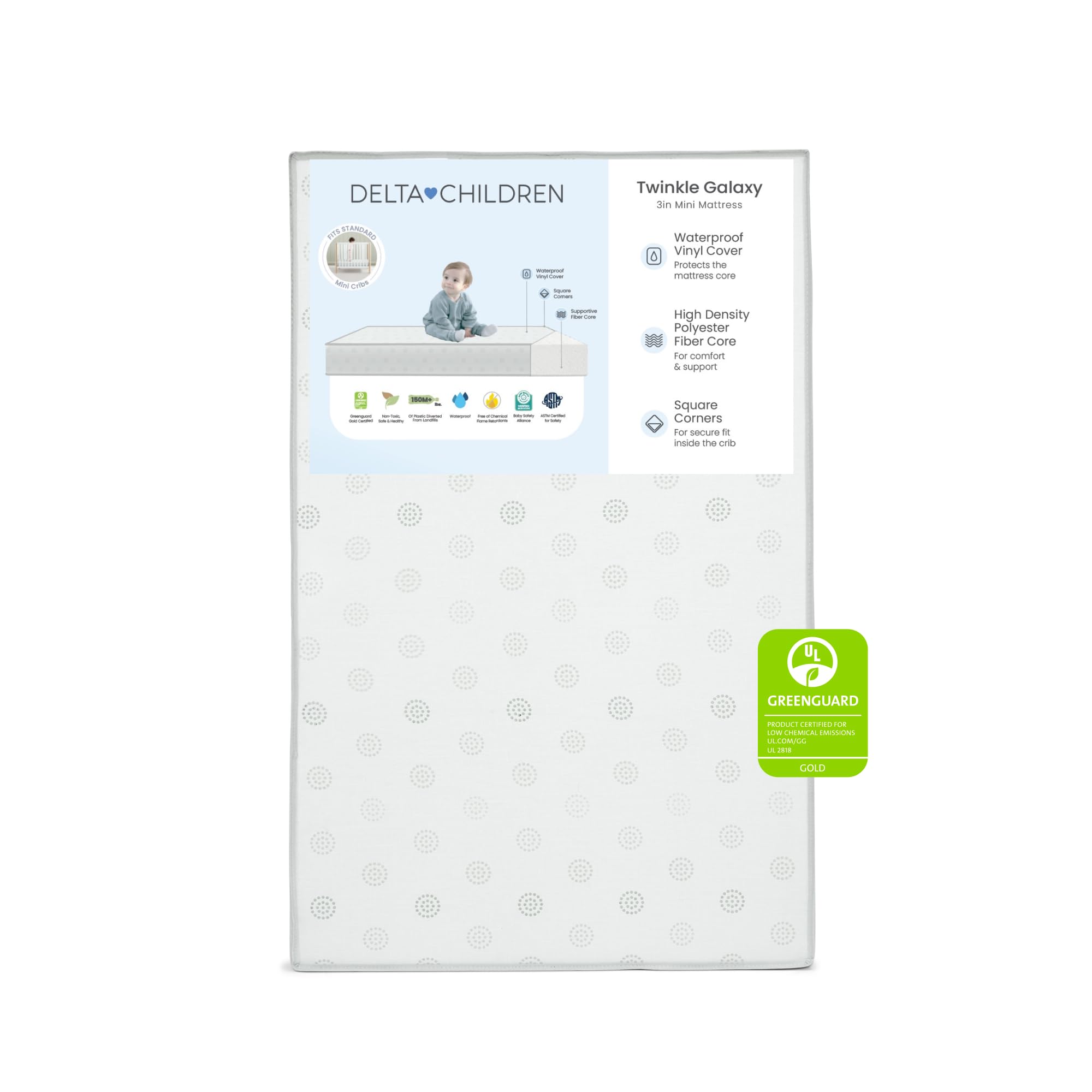 Twinkle Galaxy 3-inch Mini/Portable Crib Mattress - Sustainably Sourced Fiber Core - Waterproof - GREENGUARD Gold Certified (Non-Toxic) - Trusted 10 Year Warranty
