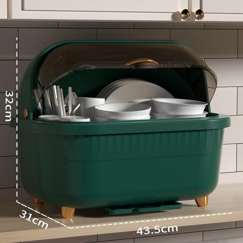 NOENNULL Dish Drying Rack and Drain Board with Lid Cover, Nursing Bottle Holder, Kitchen Plate Cup Tray Cutlery Drainer (L)