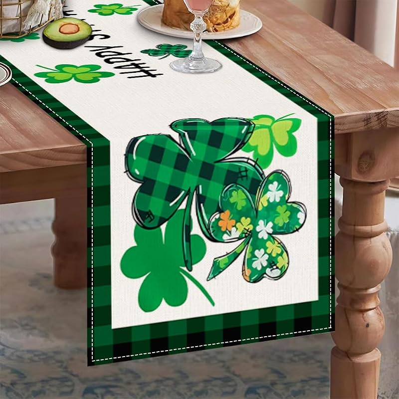 St. Patrick's Day Table Runner - 72x13 Inch Shamrock Linen Decor