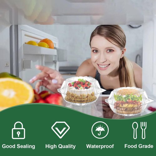Hokimder 200 Pack Clear Clamshell Food Containers, Disposable Food Containers with Lids, 6 x 6 Inch Hinged Plastic To Go Containers for Dessert, Cake, Salad, Bakery Supplies - With sealing sticker