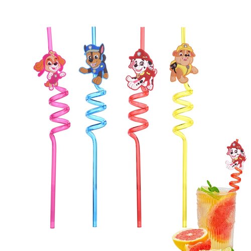 Paw Patrol Reusable Crazy Straws for Kids, 4 Pcs Colorful Hard Plastic Curly Drinking Straws, Birthday Party Supplies, Party Favors, Fun Cartoon Straws for Juice & Ice Cream