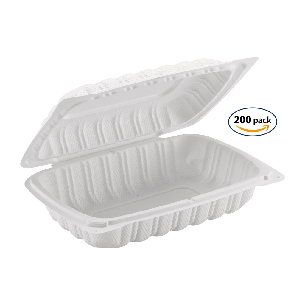 TIYA Clamshell Food Containers - White Bulk 200 Pack, 9x6 in - BPA-Free Plastic To-Go Containers - Microwavable, Hinged, Tall Clamshells Reusable Packing- Great for Meal Prep